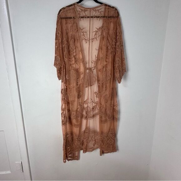 Tan Lace Kimono Longline Duster Boho Cottagecore Feminine Romantic Fairy Mesh - Picture 2 of 10